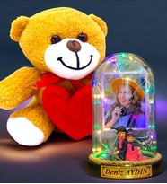 Kişiye Özel Renkli Led Işıklı Fanus ve Kalpli Peluş Ayıcık Hediye Seti (Model 7)