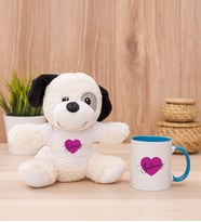 Kişiye Özel Mor Kalpli İsimli Peluş Köpek ve Mavi Kupa