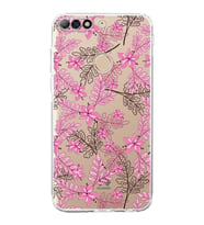Huawei Y7 2018  Kamera korumalı Kapak Floral Pembe Tasarımlı  Şeffaf Kılıf