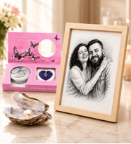 Kişiye Özel Karakalem Fotoğraflı Ahşap Çerçeve ve Gerçek İstiridye İçinde Gerçek Tatlı Su İncisi