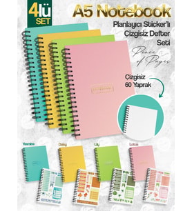 Notebook Sticker'lı 4'lü Çizgisiz Defter Seti (21 X 14,8 CM 120 SAYFA) Planlayıcı Defter Seti-T968