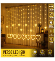 3 Metre 8 Modlu Kalp Perde LED Işık - Sarı (Sıcak Beyaz) Işık Dekoratif Işıklandırma Oda Dekoru