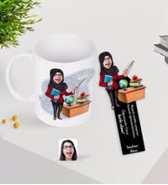 BK Gift Kişiye Özel Tesettürlü Kadın Öğretmen Karikatürlü Kupa Bardak ve Ahşap Kitap Ayracı-1