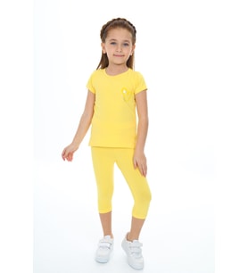 Toontoy Kız Çocuk Varaklı Kalp Baskılı Kaprili Takım (Koyu Sarı)