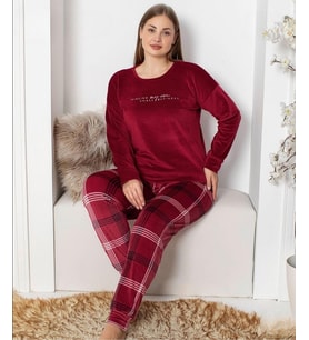 Pijamoni Kadın Kadife Büyük Beden Bisiklet Yaka Uzun Kol Pijama Takımı 4230/6- 1 Adet (Bordo)