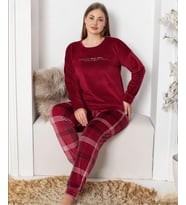 Pijamoni Kadın Kadife Büyük Beden Bisiklet Yaka Uzun Kol Pijama Takımı 4230/6- 1 Adet (Bordo)