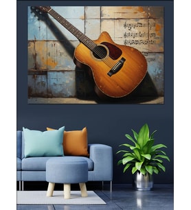 Eskitme Kağıtta Akustik Gitar Tablosu Dekoratif Kanvas - Mdf Ahşap Tablo