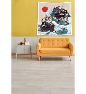 Bej Samuray Kediler Leke Tutmaz Kadife Kumaş Duvar Örtüsü Duvar Halısı Tapestry
