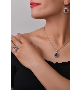 Yakut Taşlı Damla Model Telkari El İşçiliği Gümüş Üçlü Set