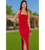 Kadın Finike Dokuma Bodycon Midi Elbise Kare Yaka Yazlık Özel Günler İçin Günlük Kullanım İçin (Kırmızı)