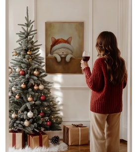 Çerçevesiz Poster Noel Şapkasıyla Mutlu Kedi