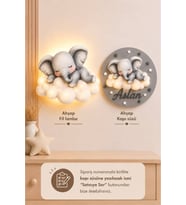 Ahşap Bulutlu Fil İsme Özel Pilli Ledli Gece Lambası ve Unicorn Ahşap Kapı Süsü Seti Bebek Çocuk Odası