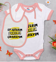 BK Kids Ep İsterim Tasarımlı Pembe Bebek Body Zıbın ve Mama Önlüğü Hediye Seti-6
