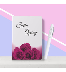BK Gift Kişiye Özel Çiçek Desenli Beyaz Defter Kalem Seti-12
