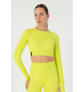 Maraton SlimFit Kadın Bisiklet Yaka Neon Yeşil Crop Top