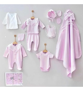 Dantelli Kız Bebek 10 Parça kız Bebek Hastane Çıkışı Kutulu Pembe
