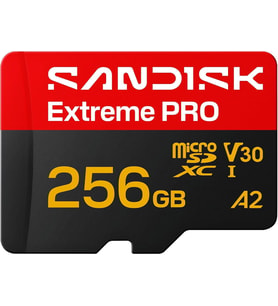 versiyon Extreme PRO microSDXC 256 GB, UHS-I kartı + SD adaptörü (250 MB/sn'ye kadar okuma, 170 MB/sn'ye kadar yazma, 5K, 3K, 4K UHD, C10, V30, U3, A2)