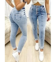 pilelistore- Kadın Yüksek Bel önden Düğmeli Jean Pantolon (Mavi)