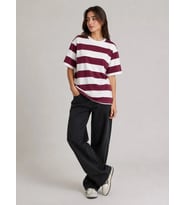 Zebra Kadın Çizgili Oversize Tişört Bisiklet Yaka Kısa Kol Yazlık T-Shirt - Bordo