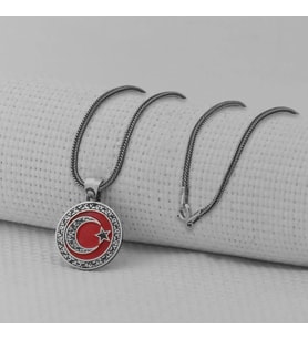 Gravur İşlemeli Ay Yıldız 925 Ayar Gümüş Erkek Kolye