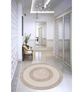 Bej Çerçeveli Kaymaz Tabanlı Yıkanabilir Yuvarlak Halı AR945 - 100 x 100 cm