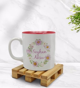 BK Gift Kişiye Özel Çiçek Tasarımlı İçi Kırmızı Renkli Kupa Bardak Model 4