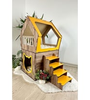 Mavitrend Ahşap Büyük Kedi Evi XXL Açık Teraslı Model 5 Kg Üstü Kediler İçin Sarı -Kahverengi Renk