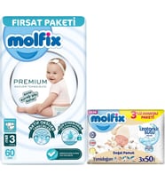 Molfix Premium Bebek Bezi Beden:3 (4-9KG) Midi 60 Adet Fırsat Pk + 3 Adet Islak Mendil