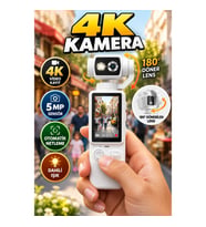 4K Kompakt El Kamerası – 5 MP Sensör, Otomatik Netleme, 180° Döner Lens ve Dahili Işık