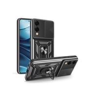 Teknomoda Samsung Galaxy S25 Edge Kılıf Yüzüklü Standlı Sürgülü Kamera Korumalı Tank Sert Silikon Kapak (Siyah)
