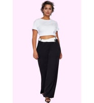 Kadın Yüksek Bel Geniş Paça Dokuma Pantolon Polyester Günlük Şıklık Yaz Aylarının Vazgeçilmezi (Siyah)