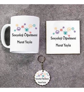Sosyoloji Öğretmeni Kupa Bardak Altlık ve Anahtarlık Hediye Seti (Model 1)