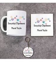 Sosyoloji Öğretmeni Kupa Bardak Altlık ve Anahtarlık Hediye Seti (Model 1)