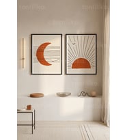 Minimalist Güneş ve Ay 2'li Ahşap Çerçeveli Tablo Seti