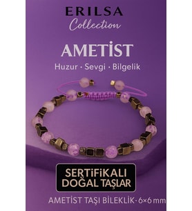 Sertifikalı Doğal Terahertz Fasetli Ametist Taşı Bileklik 6x6 mm Huzur ve Bilgelik Taşı (Çok Renkli)