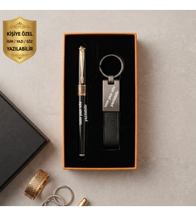 Kişiselleştirilebilir Metal İmza Kalemi ve Deri Anahtarlık Seti - Premium Kutu