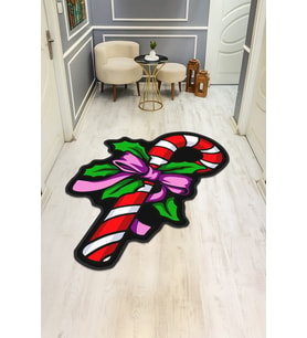 Yılbaşı Şekeri Desenli Lazer Kesim Dijital Baskı Kaymaz Taban Halı H0408