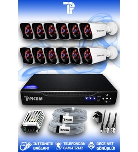 PICAM 12 Kameralı Kare 12 Dış Kamera Set HDD'siz Full HD Gece Görüşlü Güvenlik Kamerası Sistemi