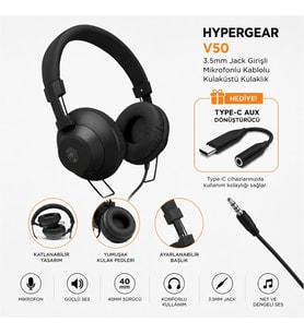 Hypergear V50 Type-C ve 3.5mm Jack Girişli Mikrofonlu Kablolu Kulaküstü Kulaklık Siyah