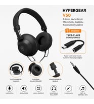 Hypergear V50 Type-C ve 3.5mm Jack Girişli Mikrofonlu Kablolu Kulaküstü Kulaklık Siyah