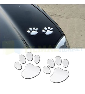 Kedi Pati İzi Oto Sticker Etiket 3D Kabartmalı Parlak Gümüş 2 Adet