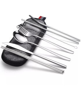 Valkyrie 8 Parça Çantalı Yolculuk Çatal Bıçak Kaşık Pipet Chopstick Seti Kamp Okul Ofis Tatil Paslanmaz Çelik Metal