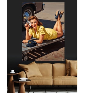 Oto Tamirci Pin Up Kadın Vintage Araba Dekoratif Kanvas - Mdf Ahşap Tablo
