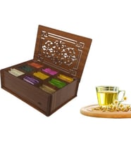 Ahşap (Ceviz) Çay Kutusu 9 Bölmeli Kapaklı  Poşet Bitki Çayı Saklama Kabı Tea Box ( Çaylar Dahil)