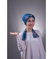 P. Mavisi Pratik Hazır Geçmeli Tesettür Bone Sandy Kumaş Desenli Şifon Kemerli 1205D_17
