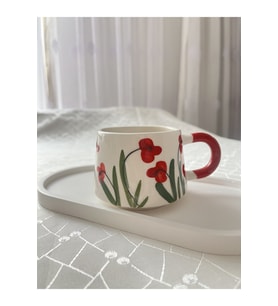 Kırmızı Çiçek Detaylı Kupa Bardak Çay Kahve Fincanı 200 ml