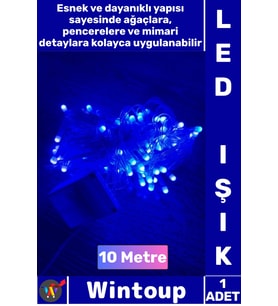 #Led Dekoratif Yılbaşı Ağacı Cafe Parti Süsleme 10 Metre Damla Uçlu Şeffaf Kablo Mavi Işık 100 Led