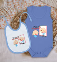 BK Kids Kişiye Özel Babamın Kopyasıyım Tasarımlı Mavi %100 Pamuklu Askılı Sıfır Kol Bebek Body Zıbın ve Mama Önlüğü Hediye Seti