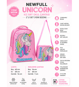 NEWFULL UNICORN BASKILI KIZ SIRT OKUL ÇANTASI-2'Lİ SET (YENİ SEZON)-AÇIK PEMBE