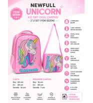 NEWFULL UNICORN BASKILI KIZ SIRT OKUL ÇANTASI-2'Lİ SET (YENİ SEZON)-AÇIK PEMBE